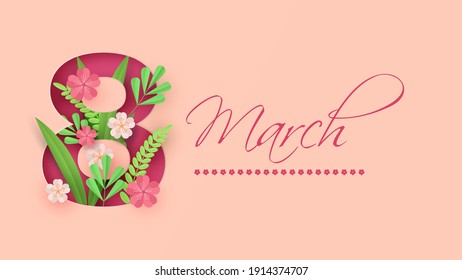 March 8. International Women Day. Vector spring holiday illustration. Paper cutout number eight with colorful flower garland. Origami style banner. Floral decoration