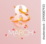March 8 international women's day. White elegant number eight with congratulatory inscription. Typographic greeting card design.