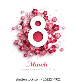 March 8. International Women's day background. Greeting card, flyer or brochure template with paper cut flowers. Vector illustration.