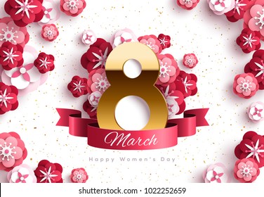 March 8. International Women's day background. Greeting card, flyer or brochure template with ribbon and paper cut flowers. Vector illustration.