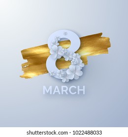 March 8. International Women's Day. Vector spring holiday illustration. Paper cutout number eight with white flower garland on golden paint background. Origami style banner. Feminism concept.