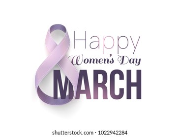 March 8 international women's day background. Greeting card template.  Template design card. Number 8, ribbons. Vector illustration.