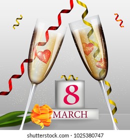 March 8. International Women's Day. Happy woman's day. Spring yellow flower, beautiful tulip with a glass of champagne and number 8. Vector illustration for a creative flyer, greeting card, greeting c