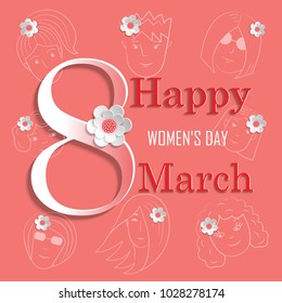 March 8, International Women's Day. Vector illustration, postcard poster, on a pink background.