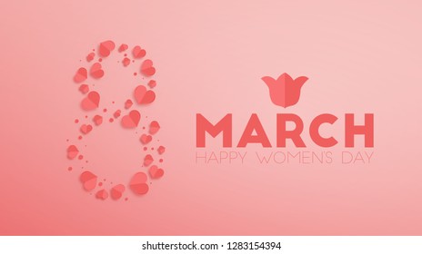 March 8. International Women's Day. Vector illustration of figure eight made of paper cut hearts over pink background for your poster, banner, postcard, invitation or greeting card design