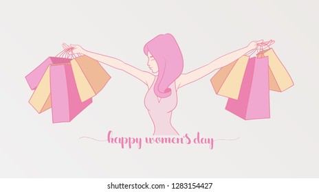 March 8. International Women's Day. Vector illustration of happy young beautiful woman with purchase bags and hand lettering for your design