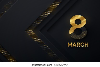 March 8. International Women's Day. Vector spring holiday illustration. Paper cutout number eight with golden paint and glitters on black background. Modern banner design. Feminism concept