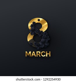 March 8. International Women's Day. Vector Spring Holiday Illustration. Paper Cutout Number Eight With Black Flower Garland, Golden Paint And Glitters. Modern Banner Design. Feminism Concept