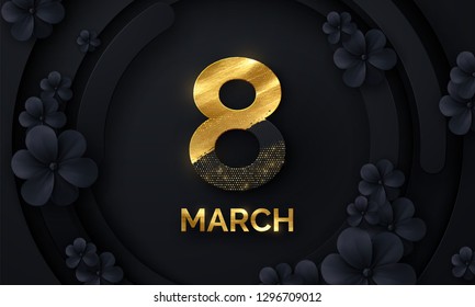 March 8. International Women's Day. Vector spring holiday illustration. Paper number eight with black flower blossom background, golden paint and glitters. Modern banner design. Feminism concept