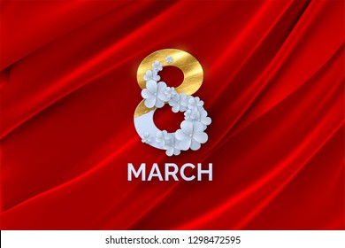March 8. International Women's Day. Vector spring holiday illustration. Paper number eight with white flower garland and golden paint on red silk background. Modern banner design. Feminism concept