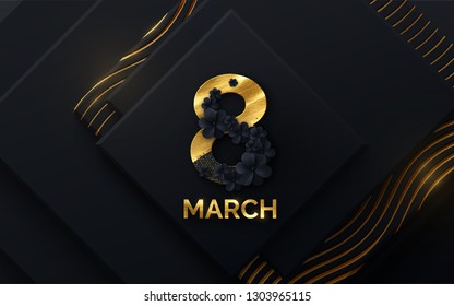 March 8. International Women's Day. Vector spring holiday illustration. Paper number eight with black flower garland, golden paint and glitters on geometric background. Modern banner design.
