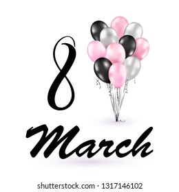 March 8. International Women's day greeting card. Festivity background with  realistic glossy black, silver, pink ballons isolated in the air. Vector for greeting cards, sale banner, social media.