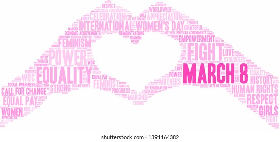 March 8 International Women's Day word cloud on a white background. 