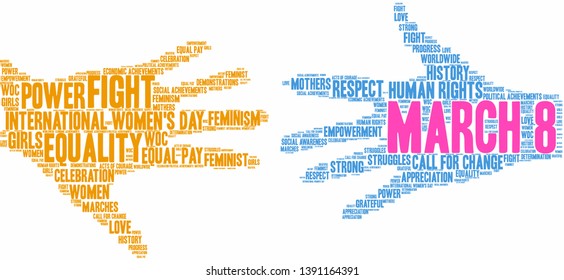 March 8 International Women's Day word cloud on a white background. 