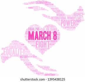 March 8 International Women's Day word cloud on a white background. 