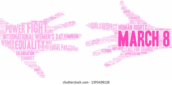 March 8 International Women's Day word cloud on a white background. 