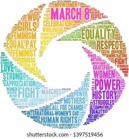 March 8 International Women's Day word cloud on a white background. 