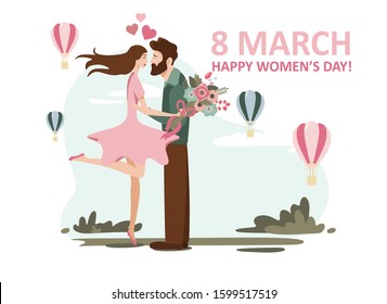 March 8, International Women's Day, a guy greets a girl with a Women's Day and gives flowers