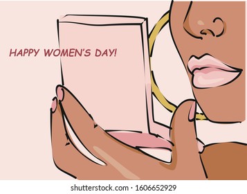 March 8, International Women's Day, greeting card with a girl looking in the mirror