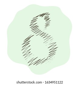 March 8, international women's day, greeting card, template. Number eight in the form of a hand drawn hatching on a light green spot. Flat vector illustration of primitive