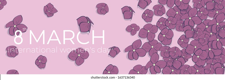 March 8 is international women's day. Holiday illustration. Cute vector illustration with flying colors. The horizontal design format is ideal for a web banner, invitation, or greeting card. EPS10.