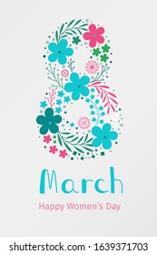 March 8. International Women's Day banner. Vector spring holiday illustration with flower decor. Invitation number 8 from pattern of spring plants, leaves and flowers. Love, women, feminism concept