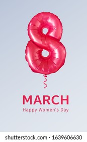 March 8. International Women's Day banner. Realistic 3D vector illustration with flying helium balloon in the form of number 8. Festive, love, women, femininity concept