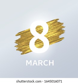 March 8. International Women's Day banner. Vector paper cut illustration with gold paint texture. Festive feminine poster. Realistic decoration element for design. Love, women, femininity concept
