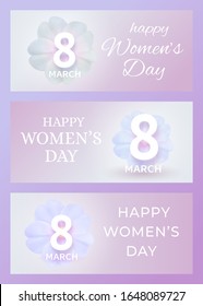 March 8 International Women's Day banner. Set of spring holiday gretting cards. Paper cutout number eight on white primula flower. Vector illustration in origami style. Love, women, femininity concept