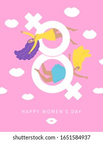 March 8. International women's day. Women's rights and femininity day. Greeting card, banner with woman lips on pink background. Happy women and eight with gender symbol. Vector. Pastel colors.
