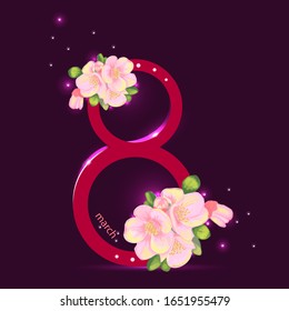 March 8, International Women's Day greeting card. Gift card on a purple background with a pattern of flowers and text March 8. Vector card with glowing design for March 8.