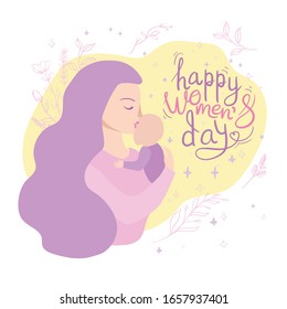 March 8 international women's day with woman's face Vector illustration
