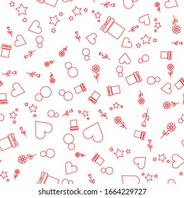 March 8, international womens day. Seamless pattern of red eights, gift boxes, hearts, stars and abstract flowers in different sizes. 
