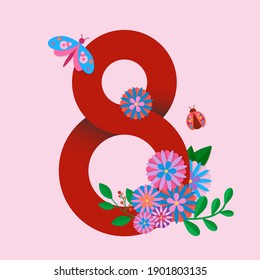 March 8. International Women's Day. Number eight, with flowers, butterfly, beetle and leaves.