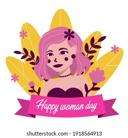 8 de marzo, Día Internacional de la Mujer. Pin-up feliz chica de cabello rosa con muestra de texto y flores. Ilustración del vector