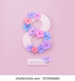 March 8. International Women's Day. Delicate Phlox flowers in pastel colours. Vector spring holiday illustration. Paper cut out number eight on a pink backdrop.