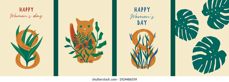 March 8. International Women's Day. Drawings for postcards and posters. Vector illustrations. Illustration of flowers palm leafs and cat. Valentine's Day! February 14.