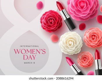 Diseño vectorial del Día Internacional de la Mujer, 8 de marzo. Texto del día de la mujer con lápiz labial y decoración de elementos florales camélicos para el diseño de fondo de la celebración de la mujer. Ilustración vectorial.