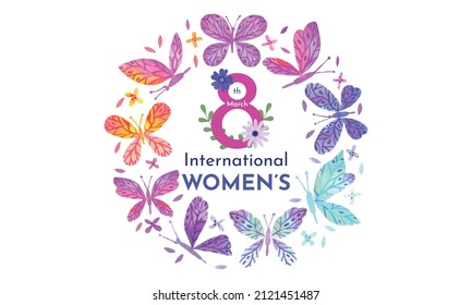 March 8 International Women's Day. Butterflies in the background of Women's Day