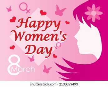 March 8 International Women's Day vector illustration. Add on women face, elements and pink background.