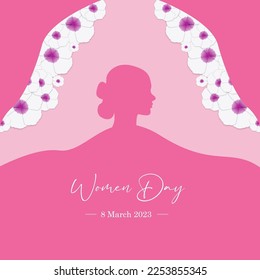 March 8 international women's day, with pink color silhouette and floral elements, for poster, greeting card or feed.vector illustration