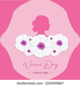 March 8 international women's day, with pink color silhouette and floral elements, for poster, greeting card or feed.vector illustration