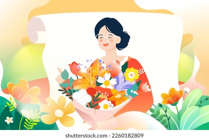 March 8 International Women's Day, girls surrounded by flowers, background with various flowers and plants, vector illustration