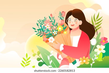 March 8 International Women's Day, girls surrounded by flowers, background with various flowers and plants, vector illustration