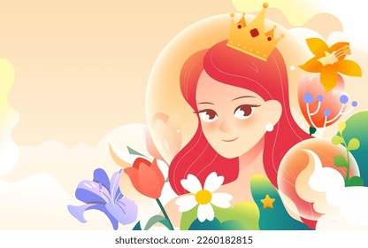 March 8 International Women's Day, girls surrounded by flowers, background with various flowers and plants, vector illustration