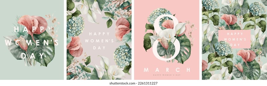 8 de marzo. Día Internacional de la Mujer. Ilustración vectorial de la composición floral, marco, patrón, ramo para tarjeta de saludo, fondo o volante