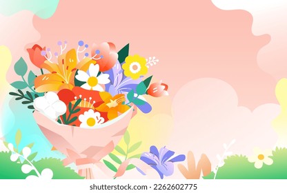 March 8 International Women's Day, girls surrounded by flowers, background with various flowers and plants, vector illustration