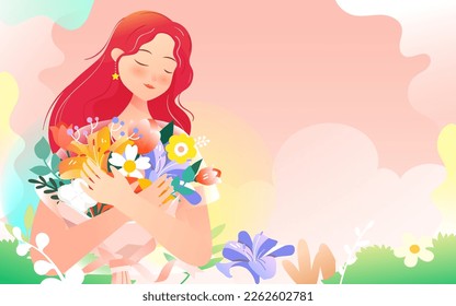 March 8 International Women's Day, girls surrounded by flowers, background with various flowers and plants, vector illustration