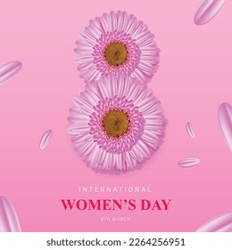 March 8 international women's day floral greeting template with pink flower vector 