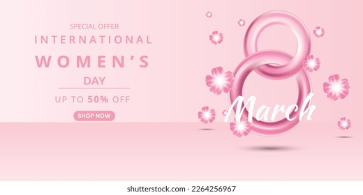 March 8 international women's day sale banner template with pink number eight vector 